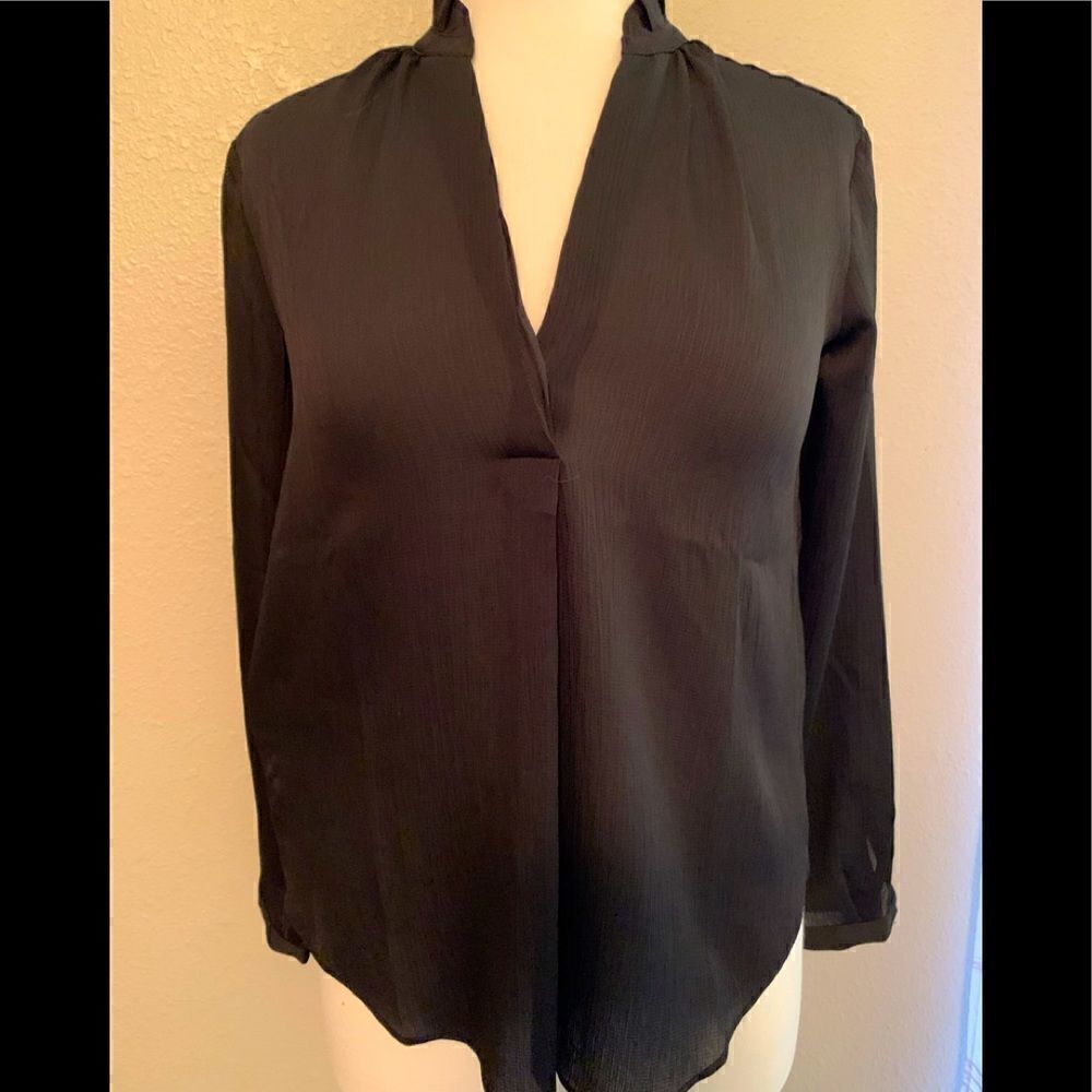 NWT Ann Taylor black v neck ruffle trim long sleeve popover